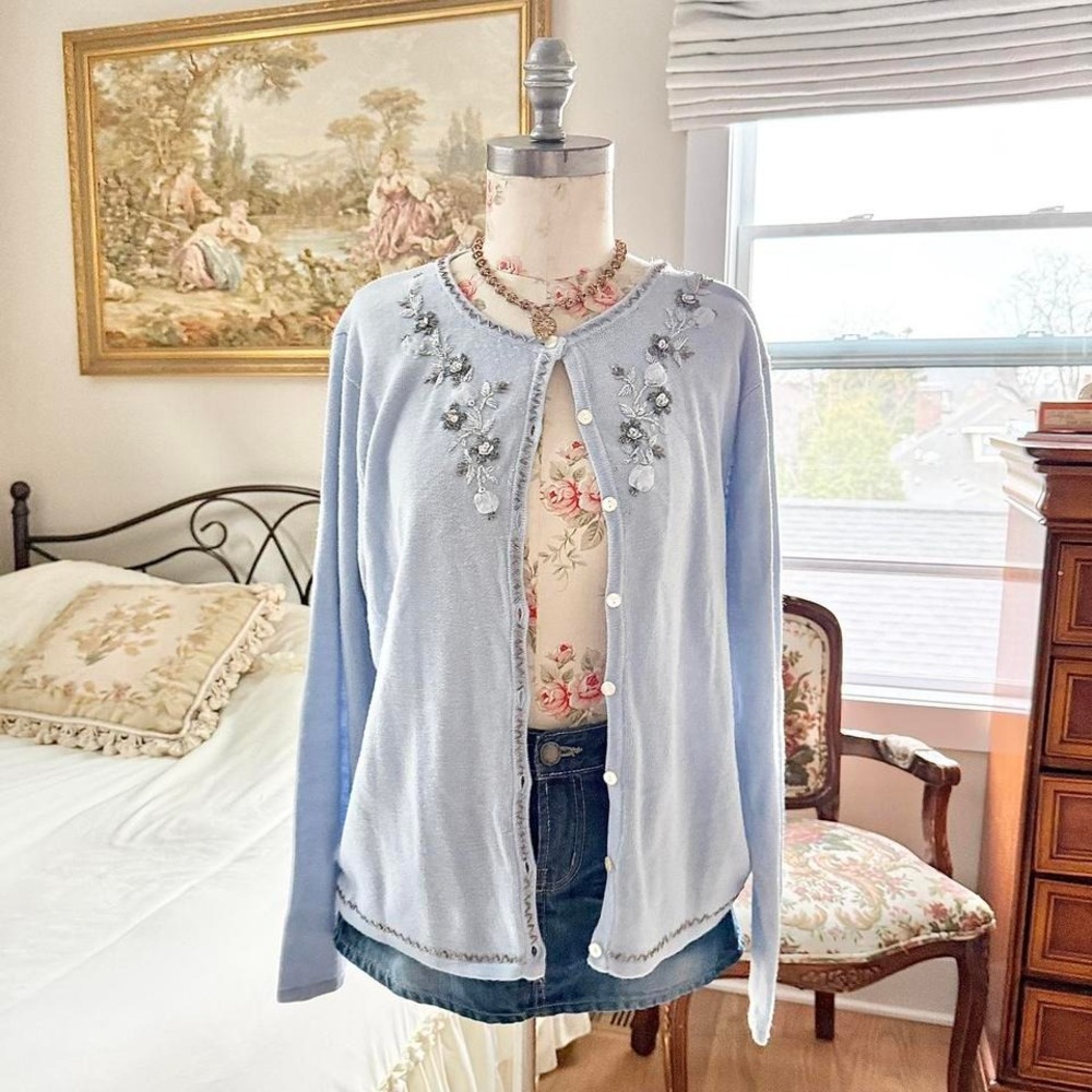 blue beaded fairy cardigan  90s kathie lee light blue beaded cardigan size xl